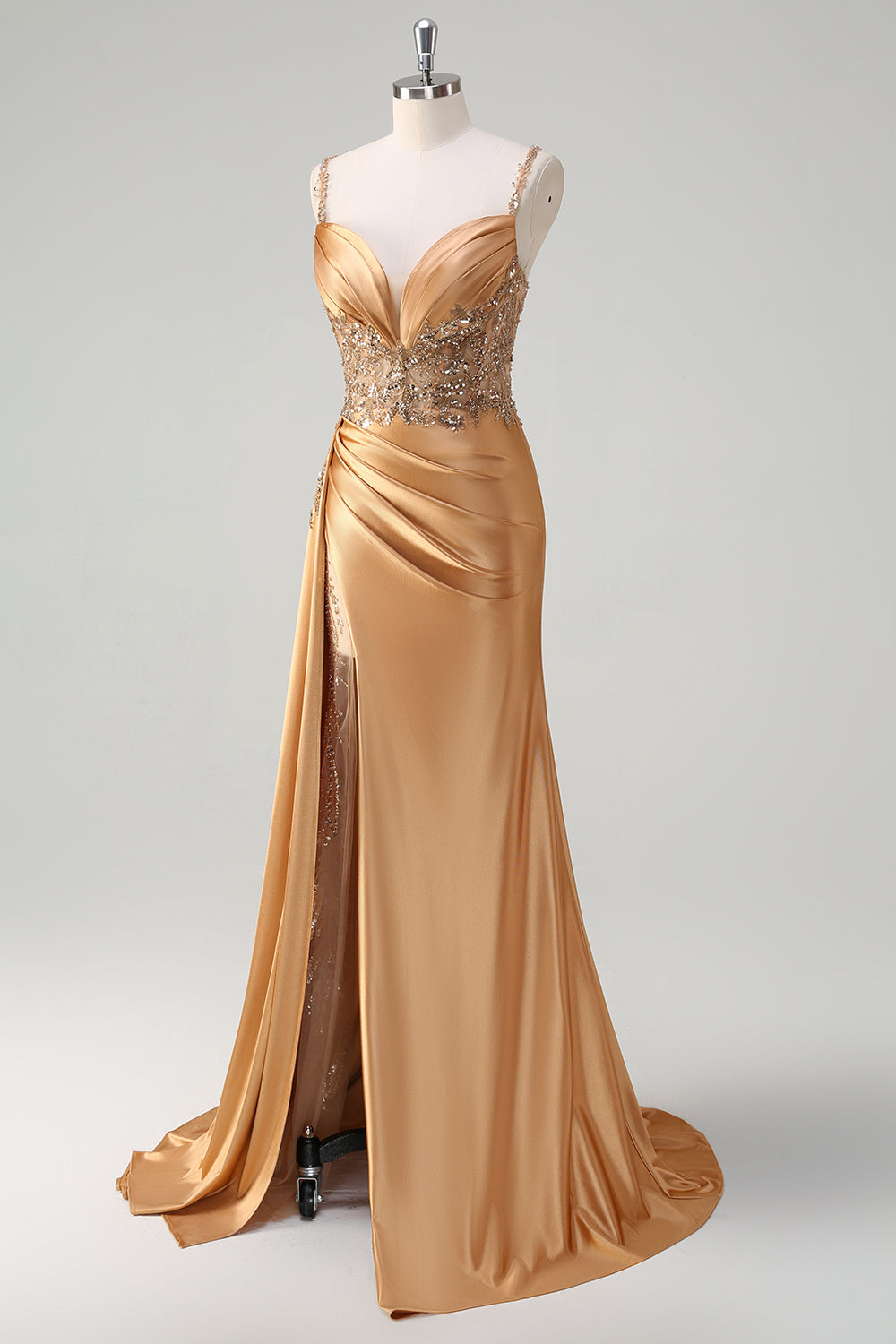 Blaues Meerjungfrauen Satin V-Ausschnitt Langes Pailletten Ballkleid mit Schlitz