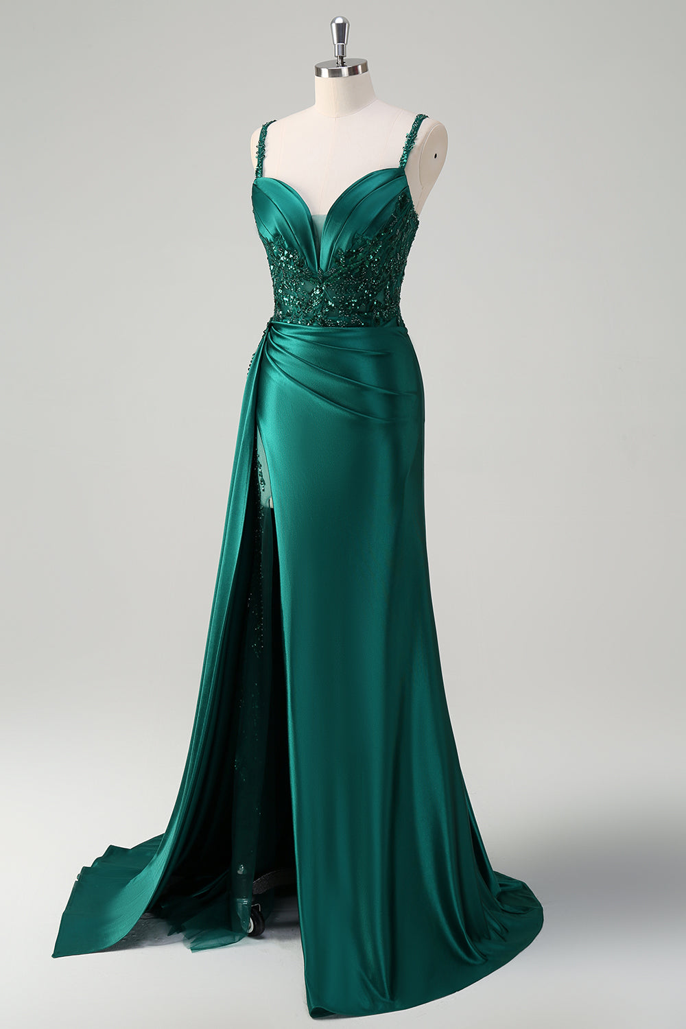 Blaues Meerjungfrauen Satin V-Ausschnitt Langes Pailletten Ballkleid mit Schlitz