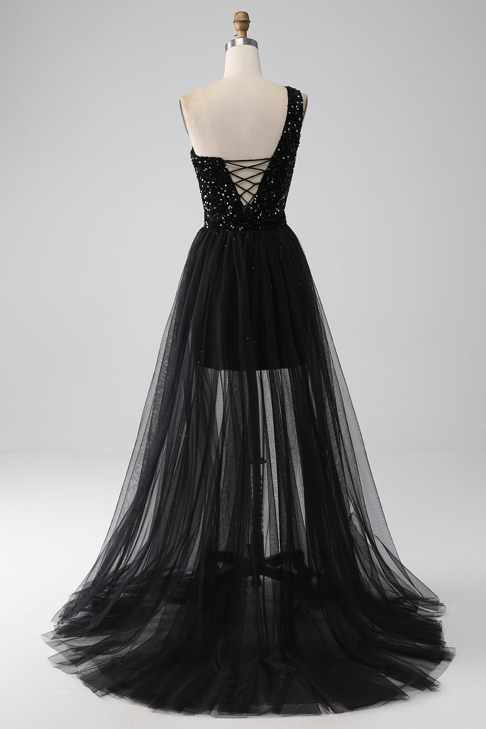 Schwarzes A-Linie Pailletten Pailletten Ballkleid