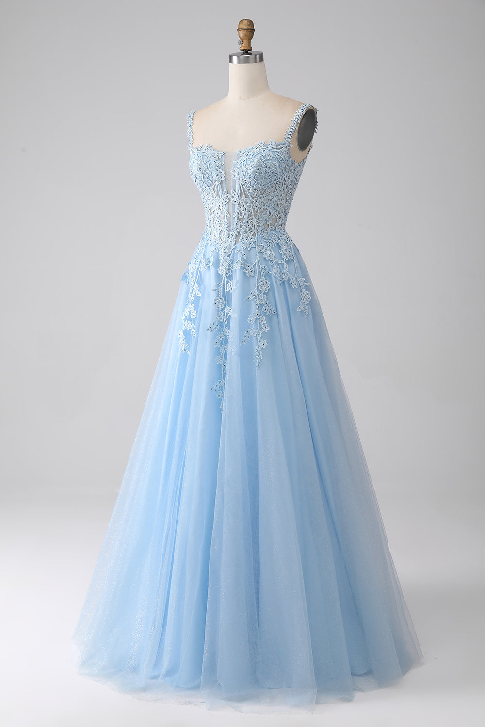 A-Linie Hellblaues Korsett Ballkleid mit Applikationen