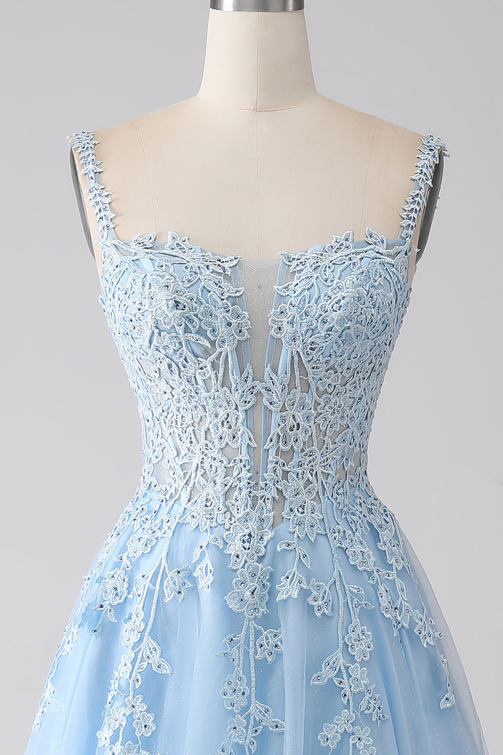A-Linie Hellblaues Korsett Ballkleid mit Applikationen