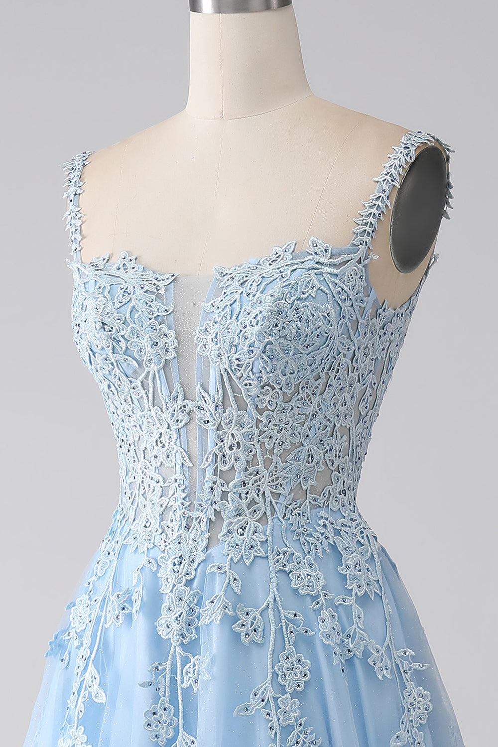 A-Linie Hellblaues Korsett Ballkleid mit Applikationen