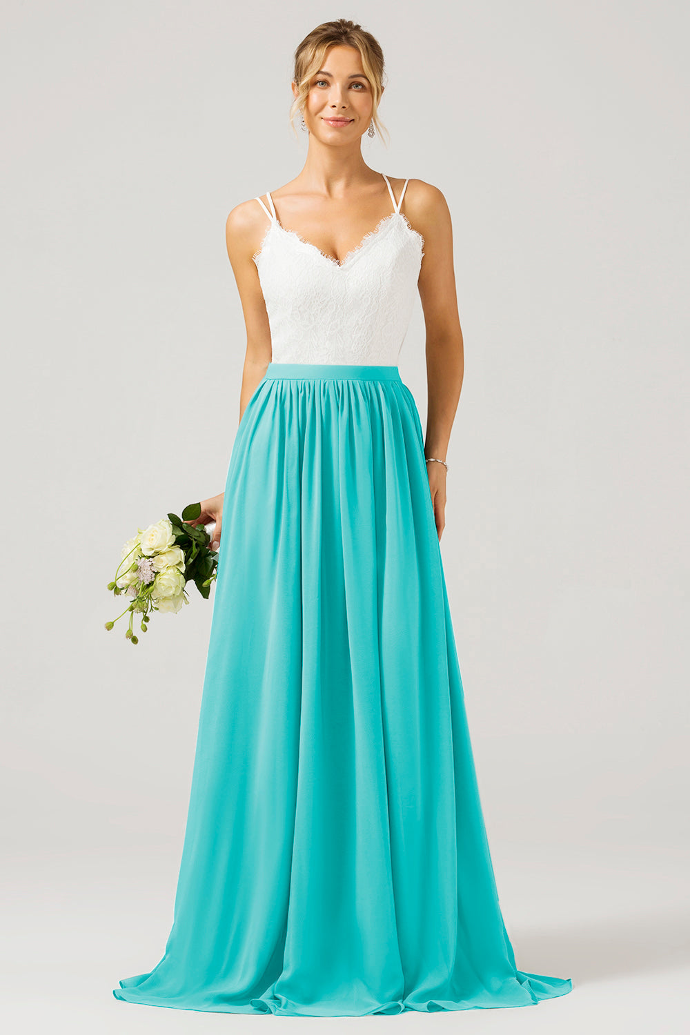 A-Linie V-Ausschnitt Boho Chiffon Langes Brautjungfernkleid mit offenem Rücken und Spitze Blush Rosa