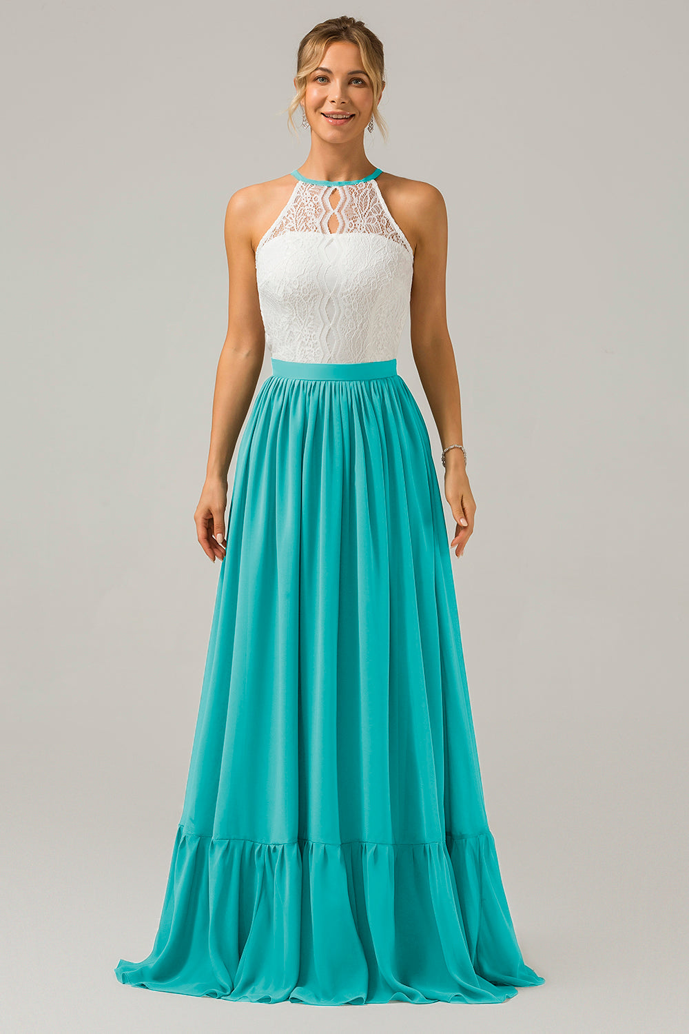 Cabernet Schlüsselloch Boho Chiffon Langes Brautjungfernkleid mit Spitze