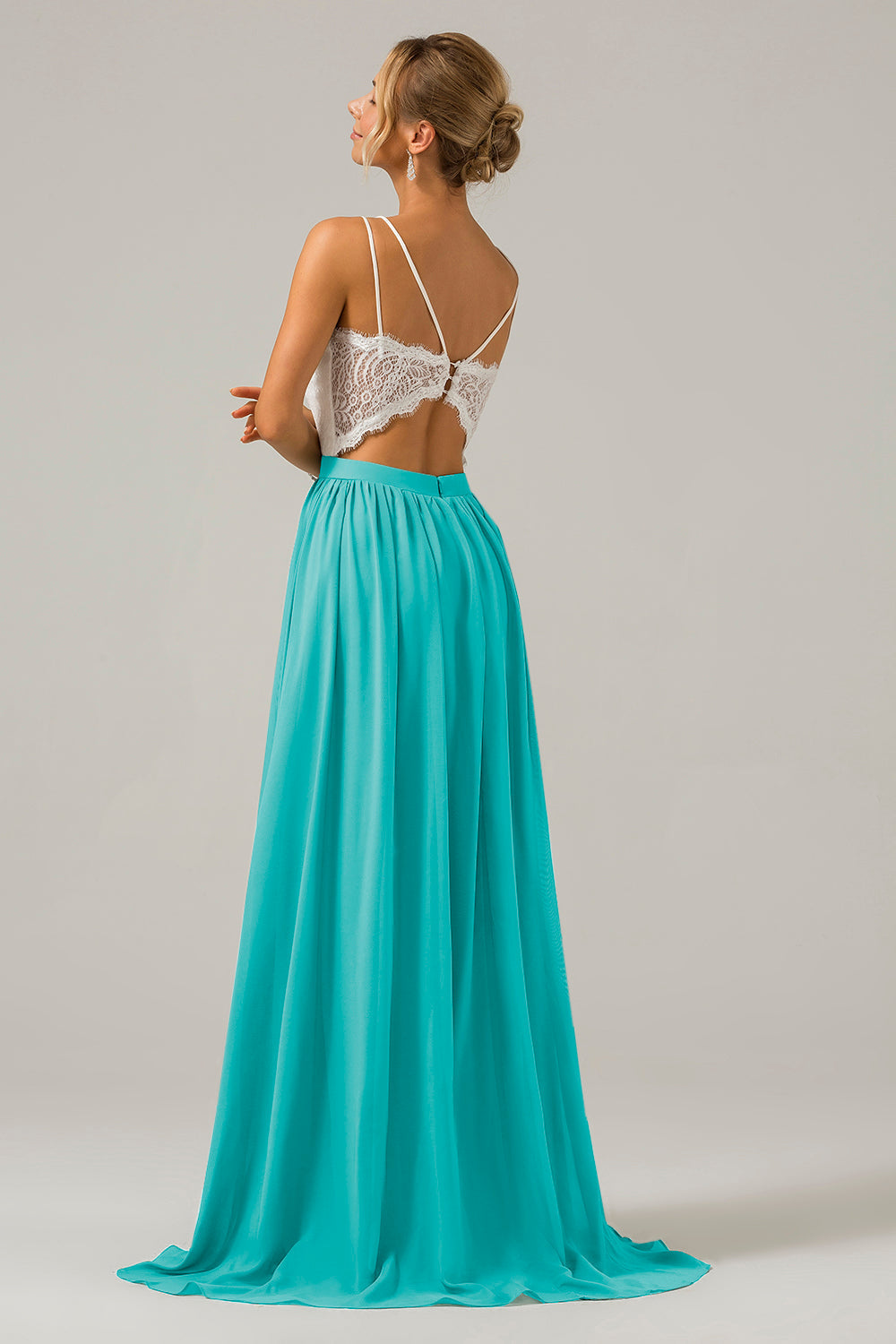 A-Linie V-Ausschnitt Boho Chiffon Langes Brautjungfernkleid mit offenem Rücken und Spitze Blush Rosa