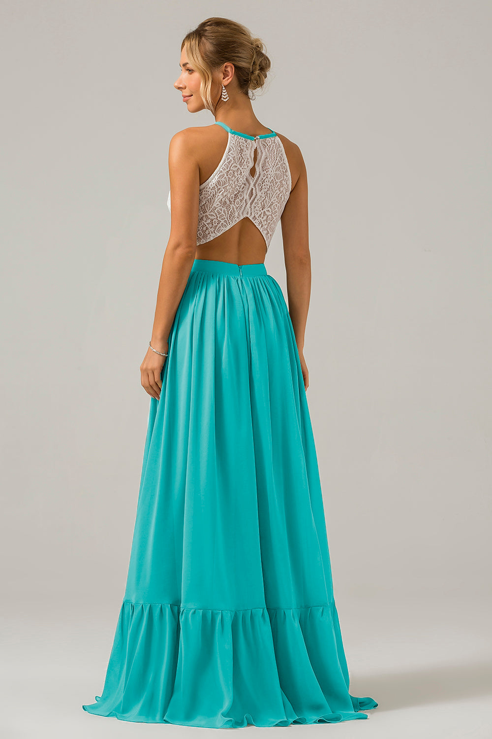 Cabernet Schlüsselloch Boho Chiffon Langes Brautjungfernkleid mit Spitze