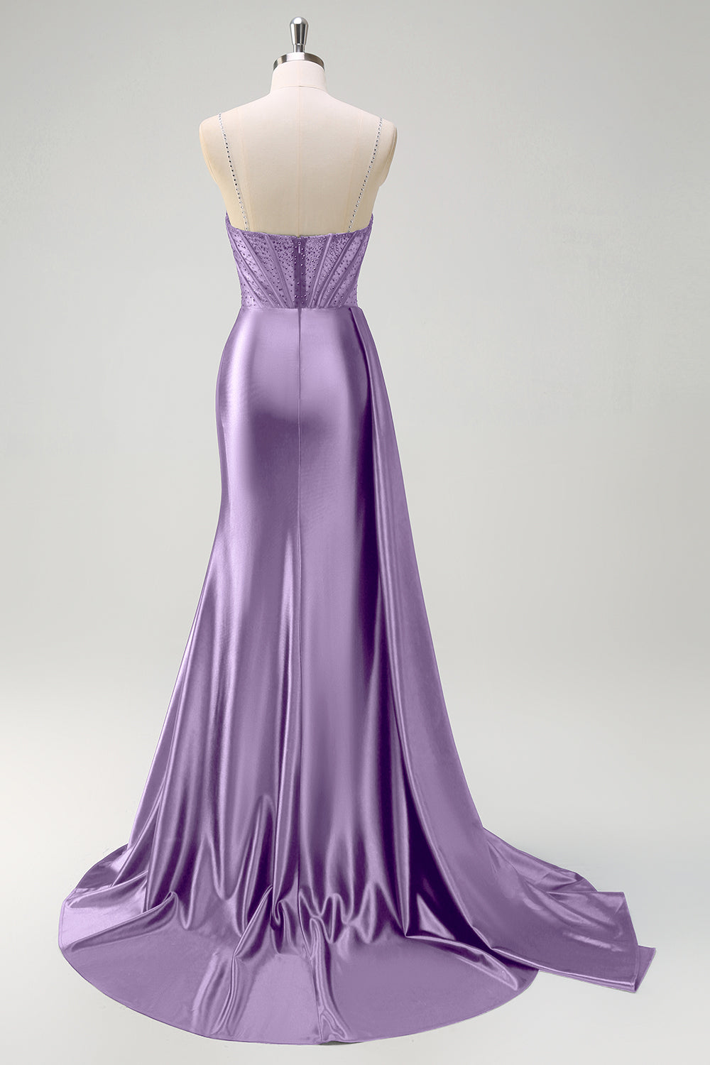 Marineblaues Meerjungfrau Watteau Train Korsett V-Ausschnitt Perlenbesetztes Ballkleid mit Schlitz