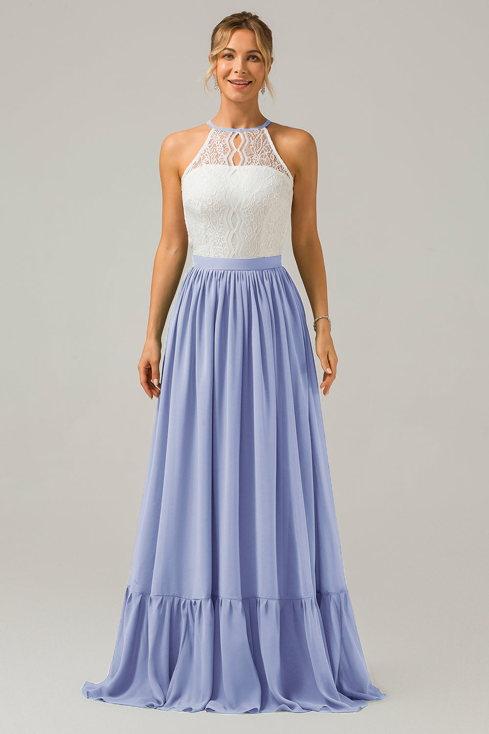 Blush Rosa Schlüsselloch Boho Chiffon Langes Brautjungfernkleid mit Spitze