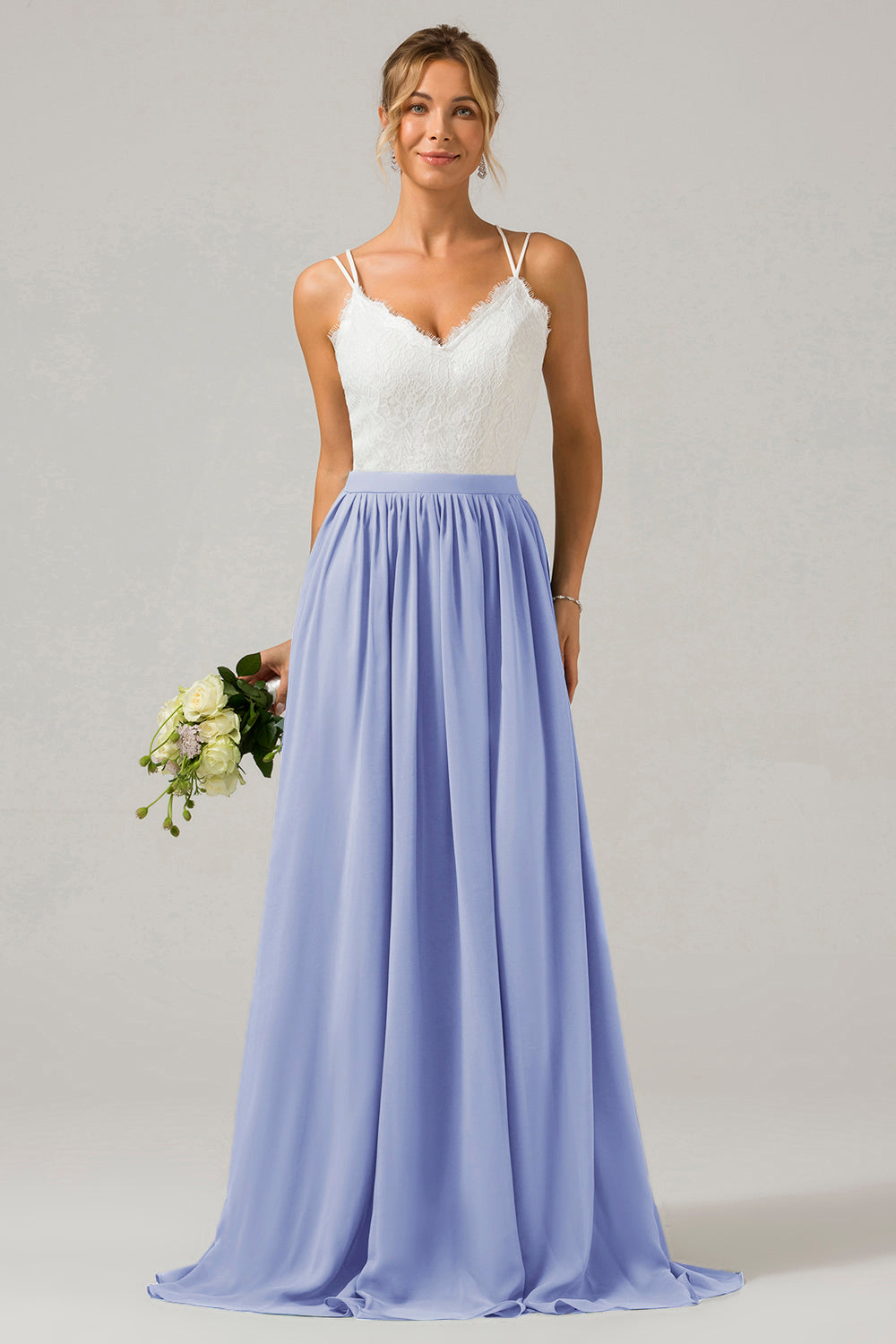 A-Linie V-Ausschnitt Boho Chiffon Langes Brautjungfernkleid mit offenem Rücken und Spitze Blush Rosa