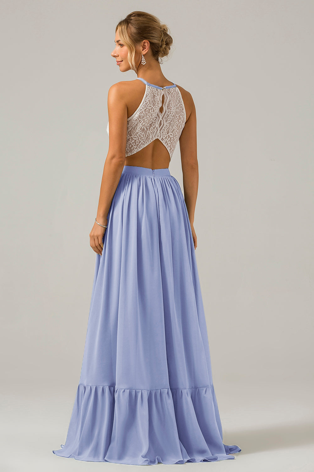 Blush Rosa Schlüsselloch Boho Chiffon Langes Brautjungfernkleid mit Spitze