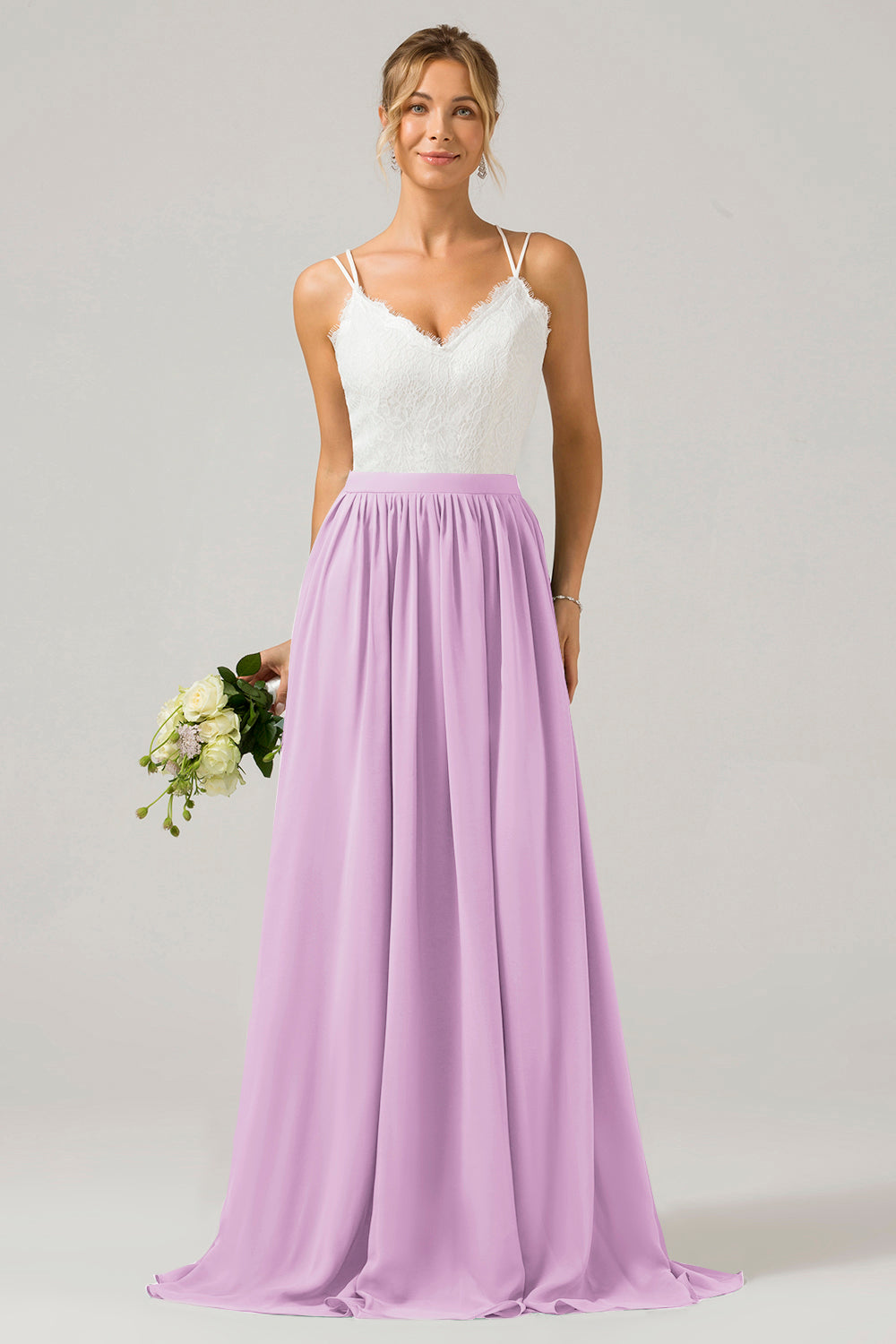 Zapaka Damen Lila Boho Langes Chiffon Spitze Brautjungfernkleid mit Spaghettiträger Hochzeitsfeier Kleid