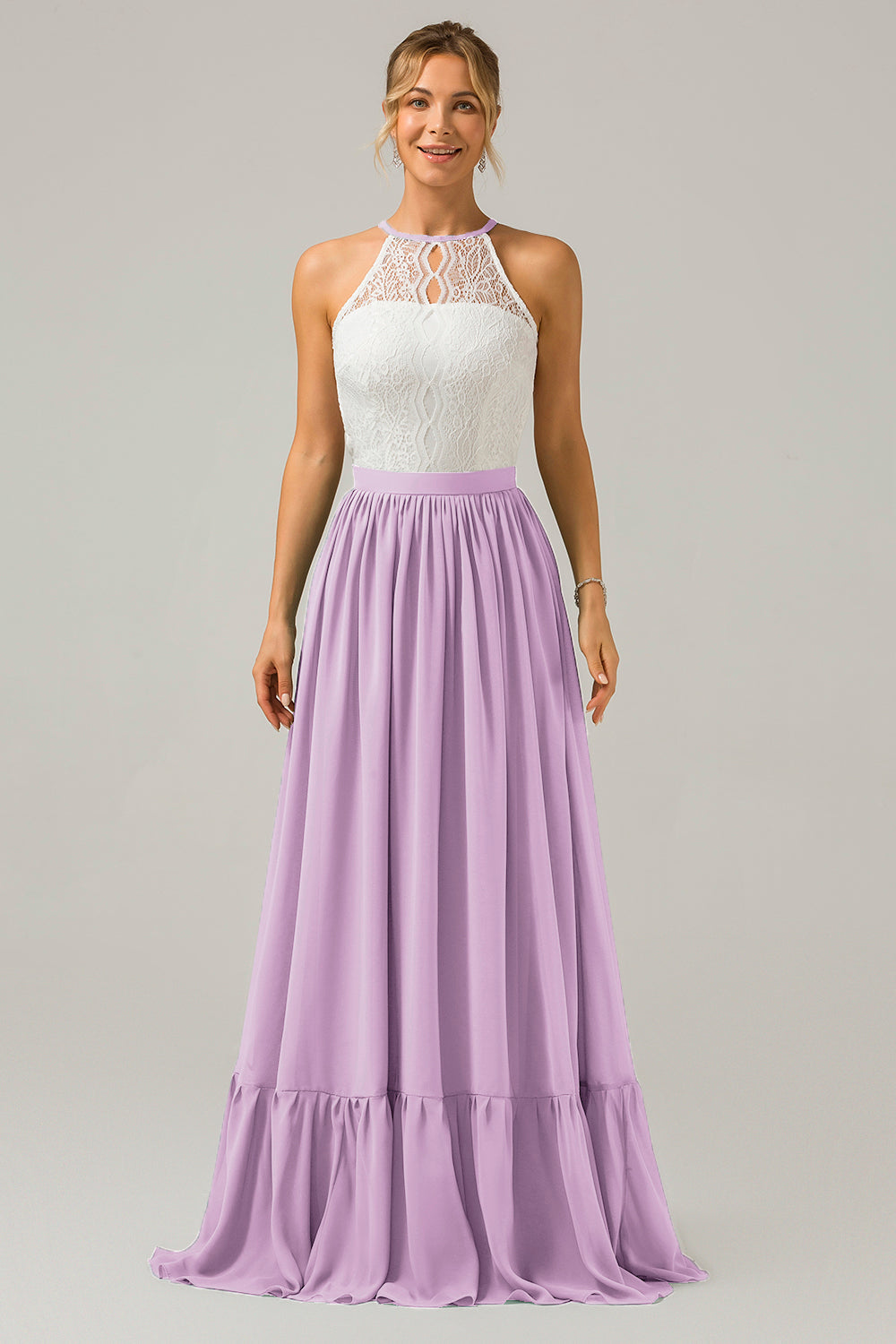Blush Rosa Schlüsselloch Boho Chiffon Langes Brautjungfernkleid mit Spitze
