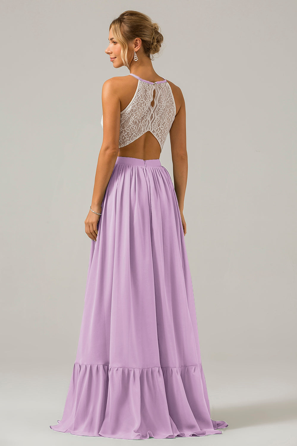 Blush Rosa Schlüsselloch Boho Chiffon Langes Brautjungfernkleid mit Spitze