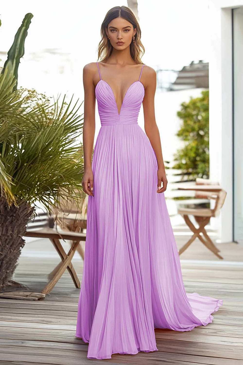 Rosa A-Linie Plissee Langes Hochzeitsgastkleid