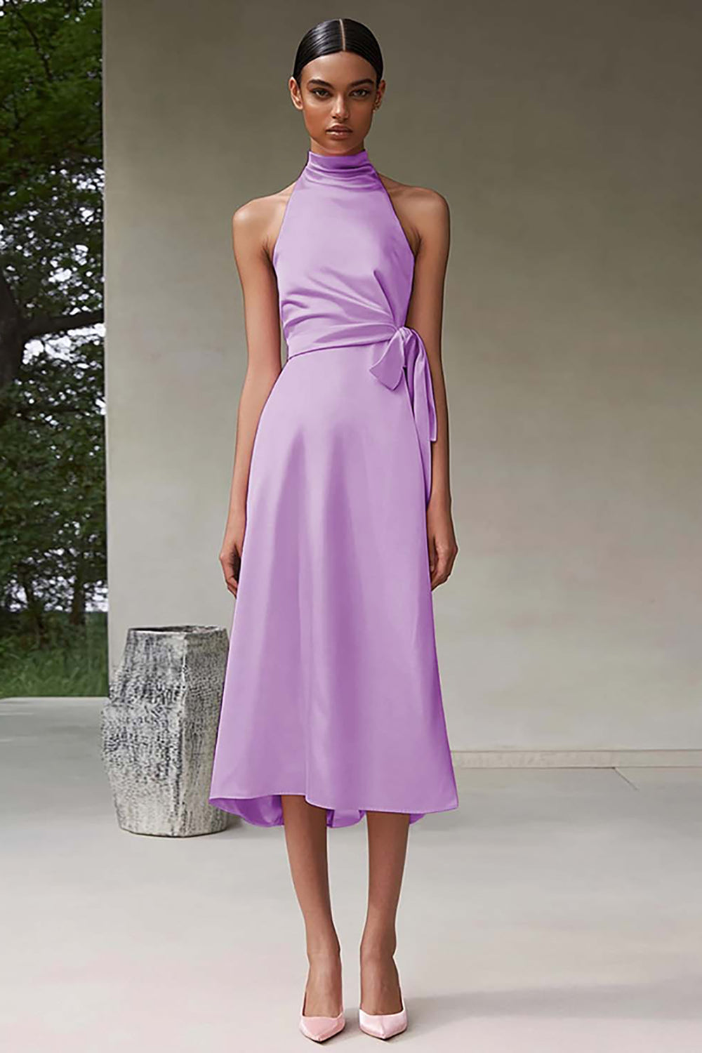 Rosa A-Linie Neckholder Teelänge Satin Partykleid