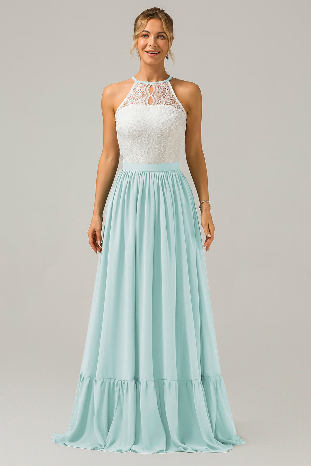 Blush Rosa Schlüsselloch Boho Chiffon Langes Brautjungfernkleid mit Spitze