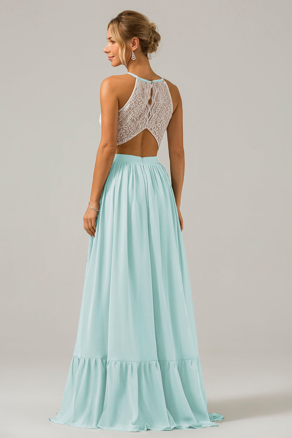 Blush Rosa Schlüsselloch Boho Chiffon Langes Brautjungfernkleid mit Spitze