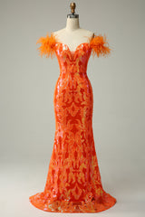 Orange Pailletten Schulterfreies Meerjungfrau Ballkleid mit Federn