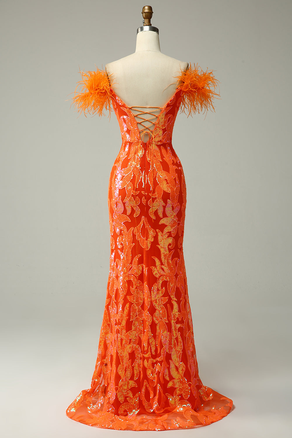 Orange Pailletten Schulterfreies Meerjungfrau Ballkleid mit Federn