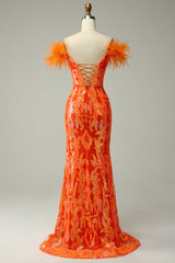 Orange Pailletten Schulterfreies Meerjungfrau Ballkleid mit Federn