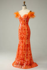 Orange Pailletten Schulterfreies Meerjungfrau Ballkleid mit Federn