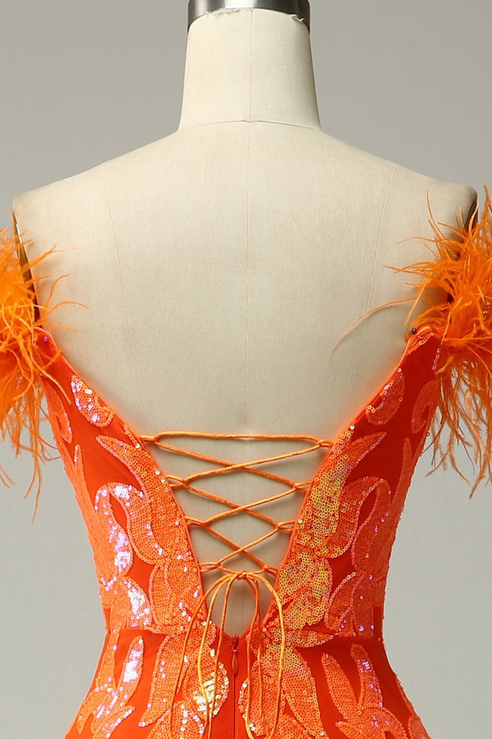Orange Pailletten Schulterfreies Meerjungfrau Ballkleid mit Federn