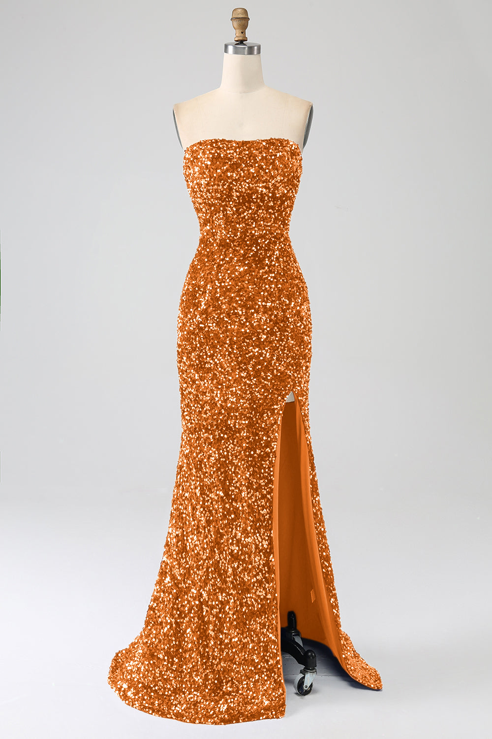 Rotes trägerloses Pailletten langes Meerjungfrauen Ballkleid mit Schlitz