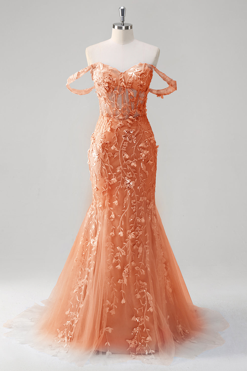 Blaues Meerjungfrau Schulterfreies Pailletten Korsett Ballkleid mit Blumenmuster