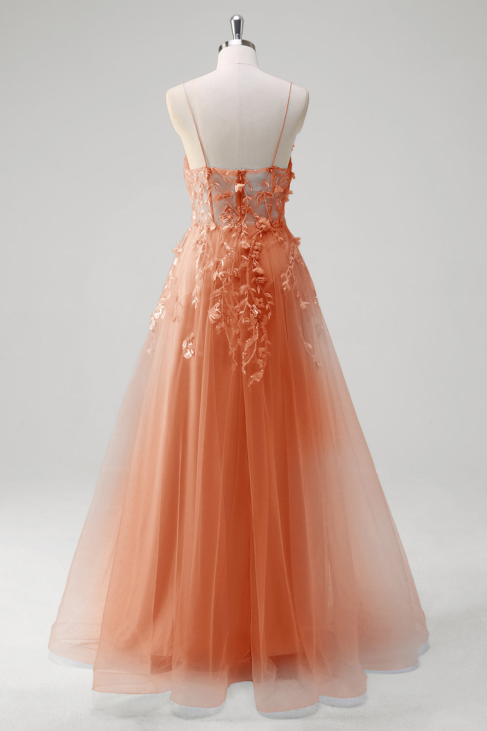 Blaues Langes A-Linie Korsett Tüll Ballkleid mit Spaghettiträgern und Applikationen