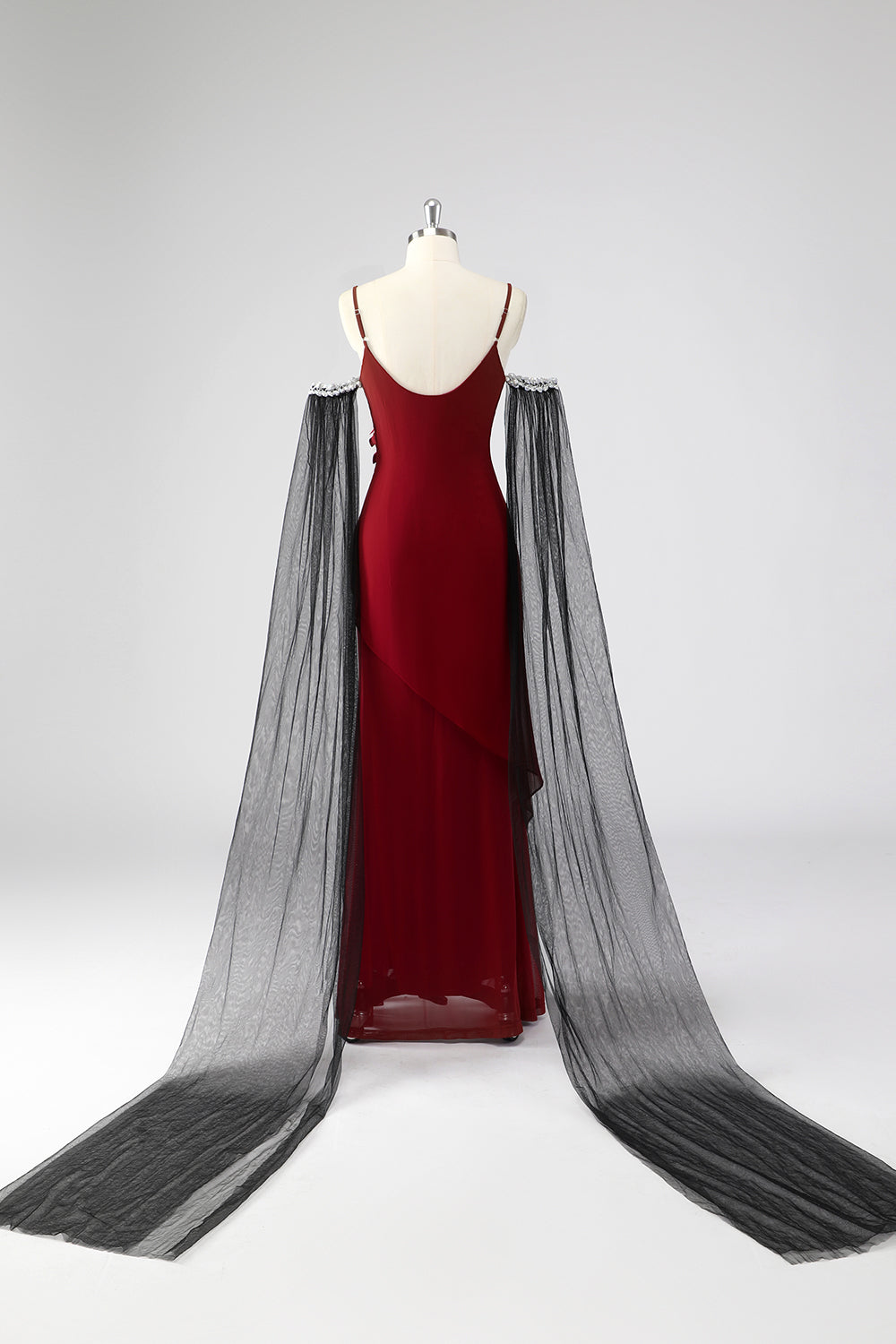 Rotes Spaghettiträger Cape-Ärmel Etui Abendkleid