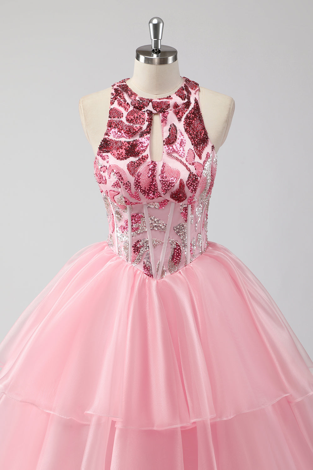 Glitzerndes Rosa Neckholder Korsett Gestuftes Langes Ballkleid mit Applikationen