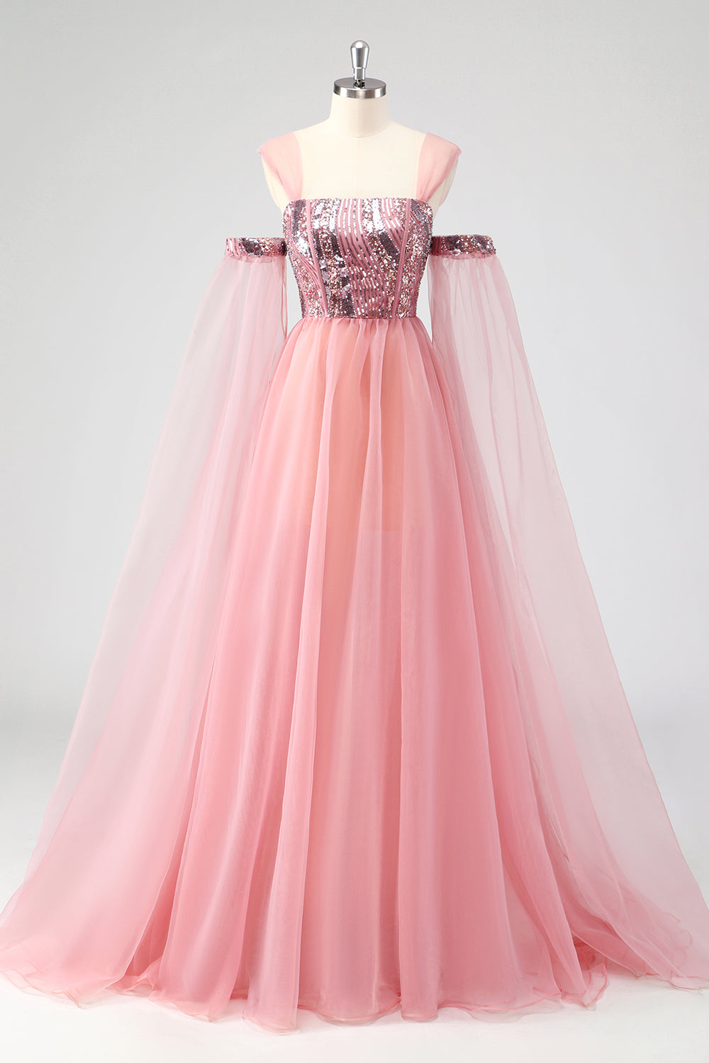 A Linie Rosa Cape Ärmel Schulterfrei Pailletten Abendkleid