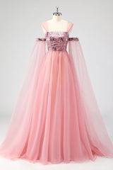 A Linie Rosa Cape Ärmel Schulterfrei Pailletten Abendkleid