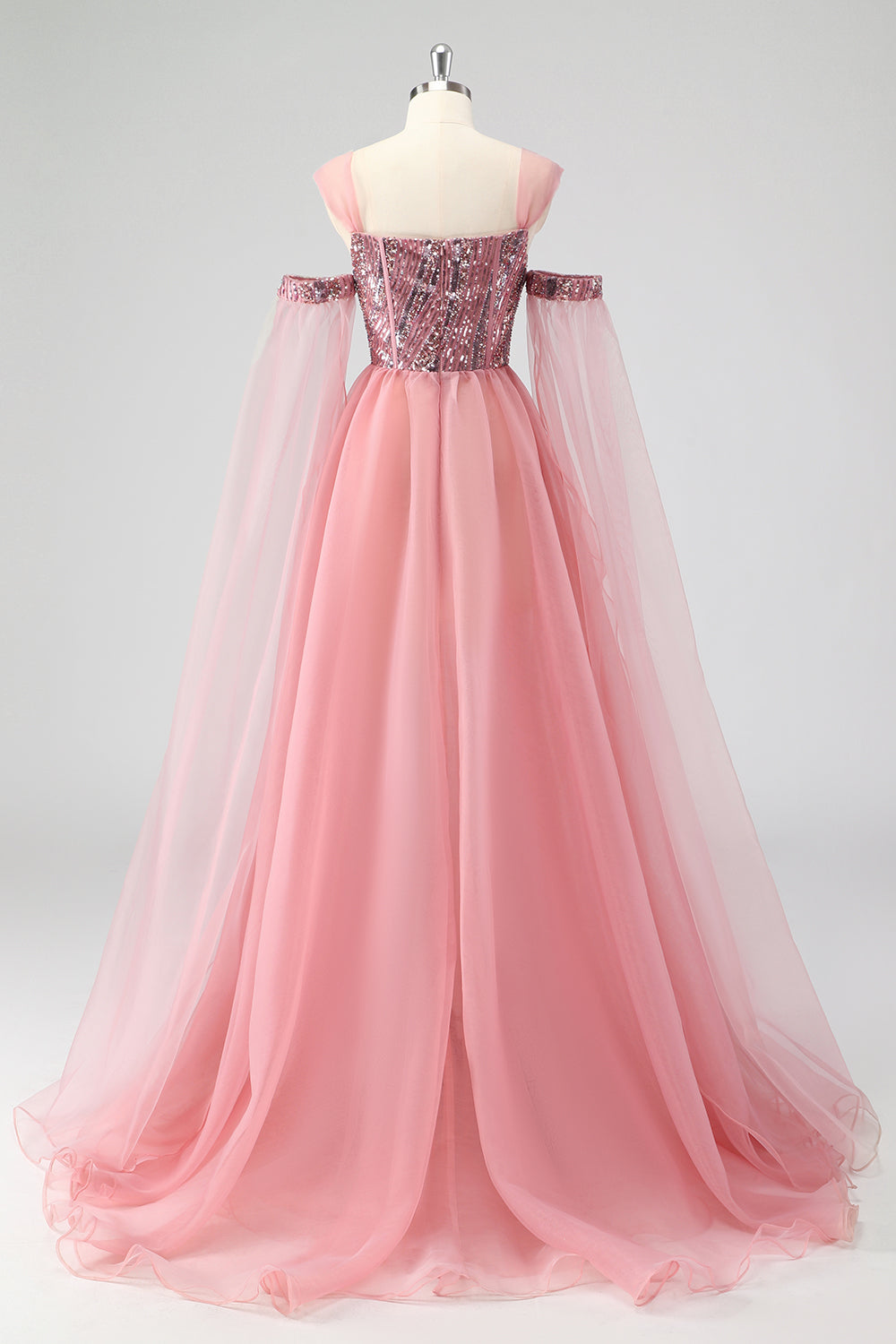 A Linie Rosa Cape Ärmel Schulterfrei Pailletten Abendkleid
