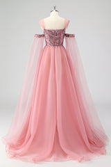 A Linie Rosa Cape Ärmel Schulterfrei Pailletten Abendkleid