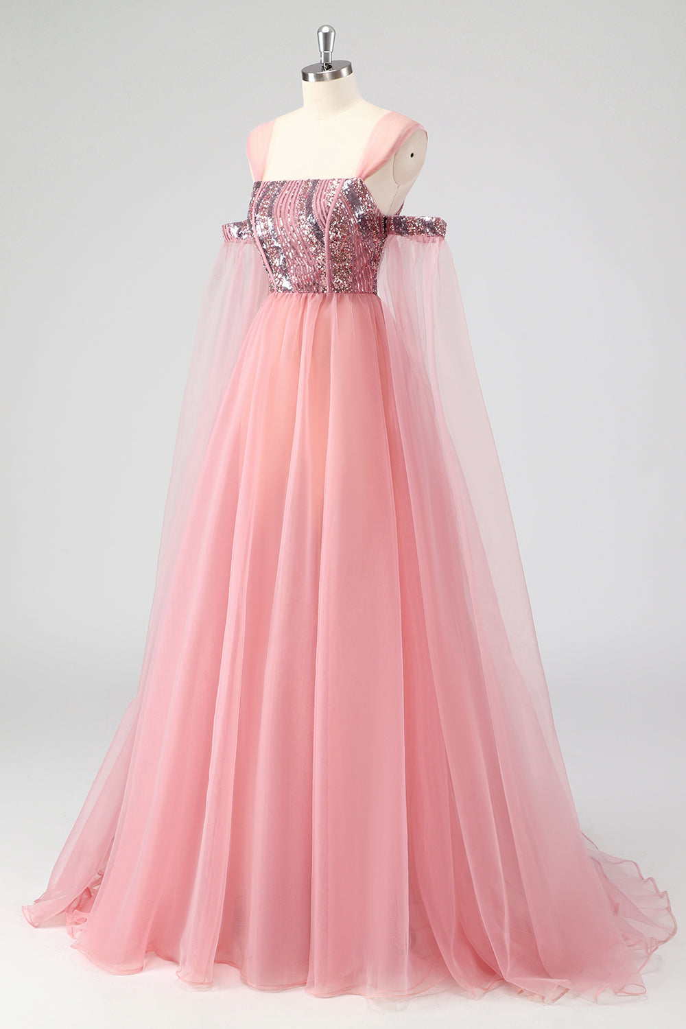 A Linie Rosa Cape Ärmel Schulterfrei Pailletten Abendkleid