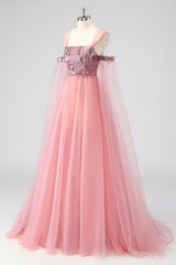 A Linie Rosa Cape Ärmel Schulterfrei Pailletten Abendkleid