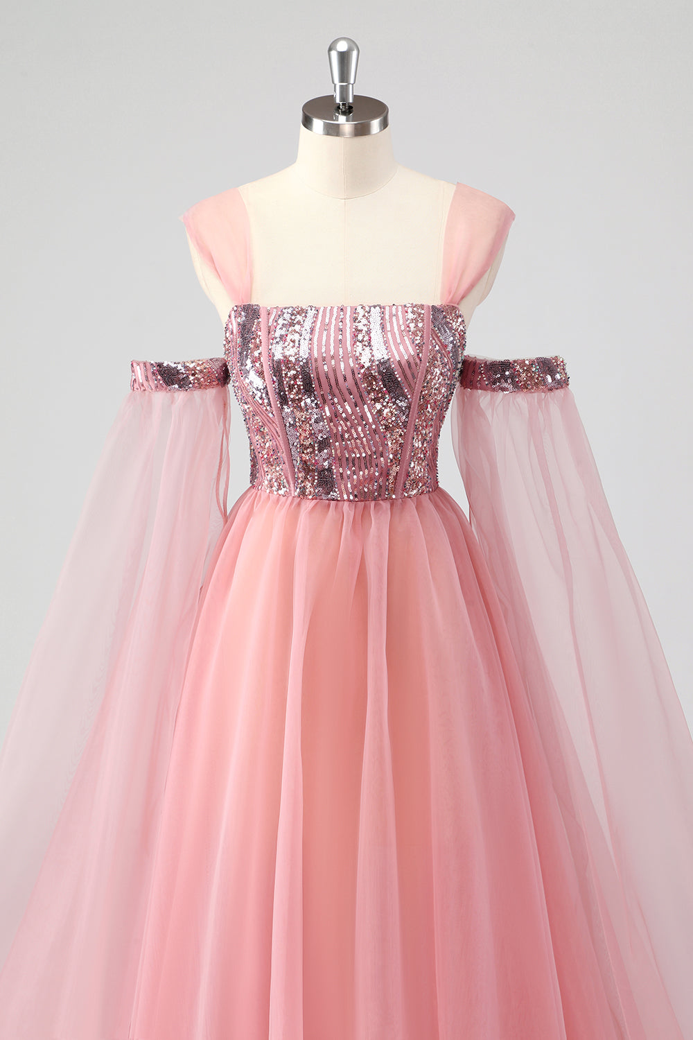 A Linie Rosa Cape Ärmel Schulterfrei Pailletten Abendkleid
