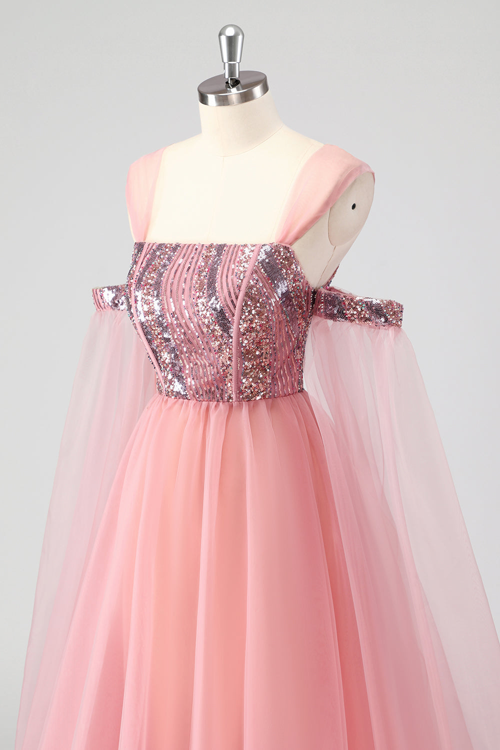 A Linie Rosa Cape Ärmel Schulterfrei Pailletten Abendkleid