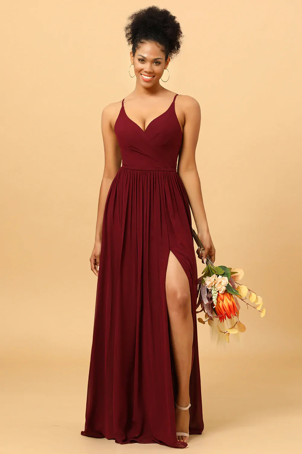 A-Linie Chiffon Burgund Brautjungfernkleid mit Schlitz
