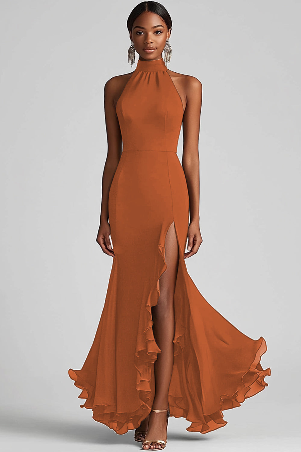 Schwarzes Meerjungfrau Langes Neckholder Rüschen Ballkleid mit Schlitz