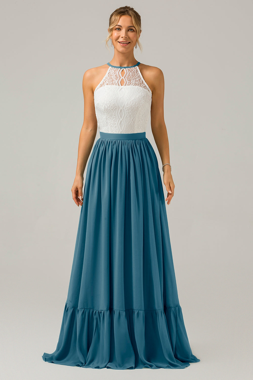 Weißes Schlüsselloch Boho Chiffon Langes Brautjungfernkleid mit Spitze