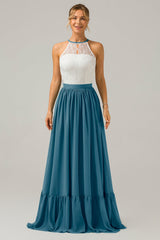 Weißes Schlüsselloch Boho Chiffon Langes Brautjungfernkleid mit Spitze