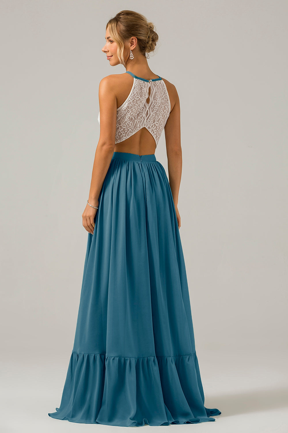 Weißes Schlüsselloch Boho Chiffon Langes Brautjungfernkleid mit Spitze