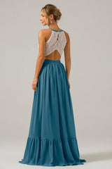 Weißes Schlüsselloch Boho Chiffon Langes Brautjungfernkleid mit Spitze