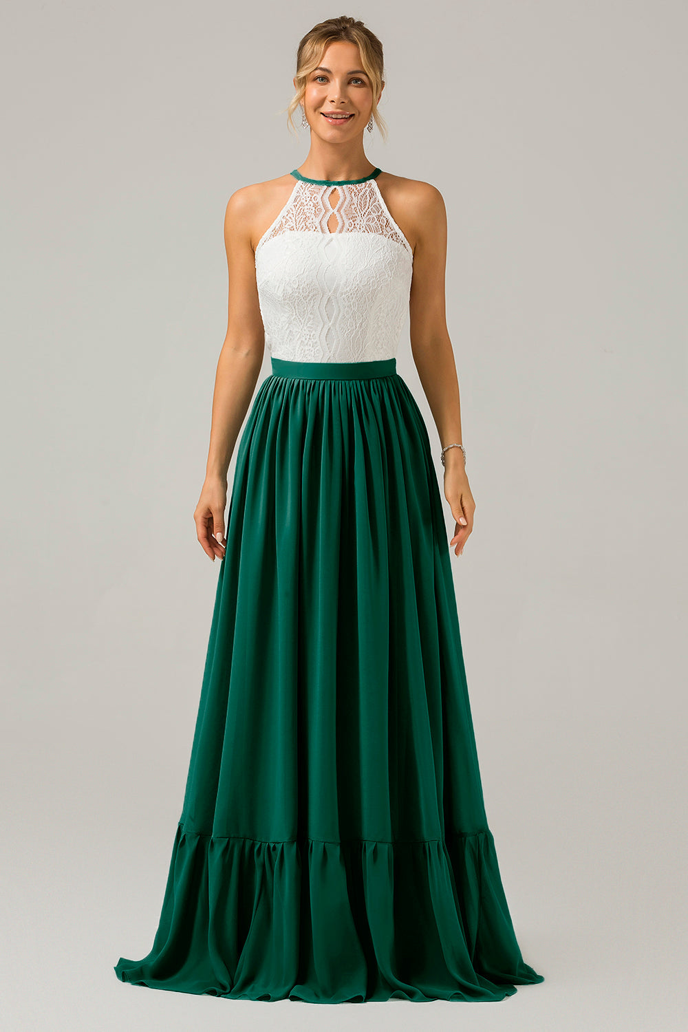 Cabernet Schlüsselloch Boho Chiffon Langes Brautjungfernkleid mit Spitze