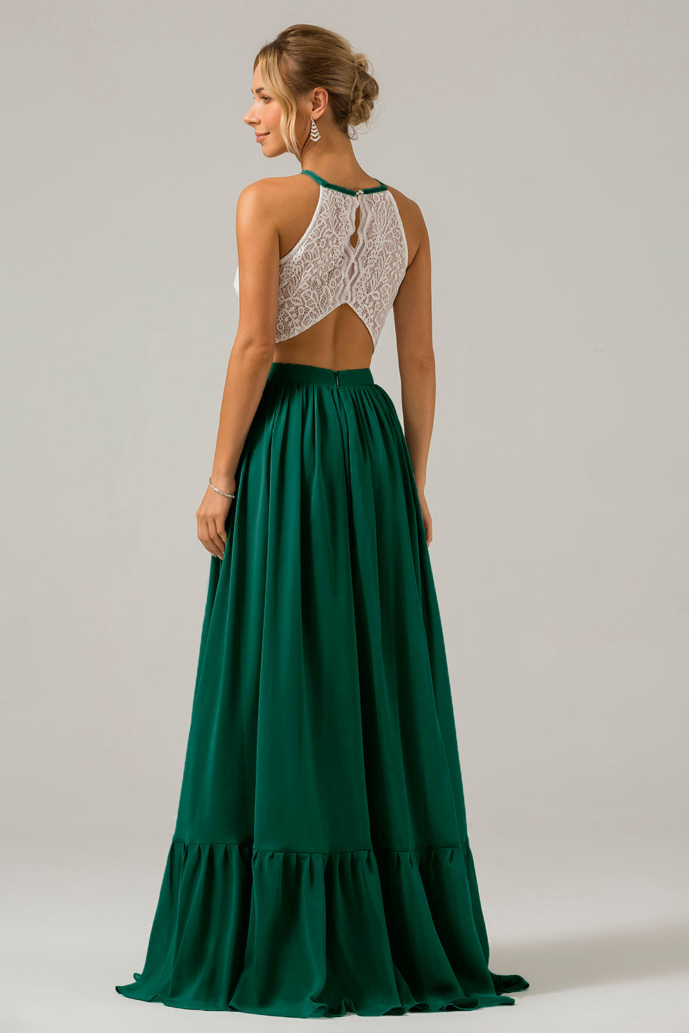 Cabernet Schlüsselloch Boho Chiffon Langes Brautjungfernkleid mit Spitze