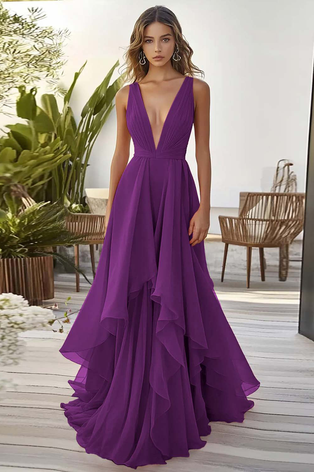 Orange Chiffon Hochzeitsgastkleid mit Rüschen in A-Linie