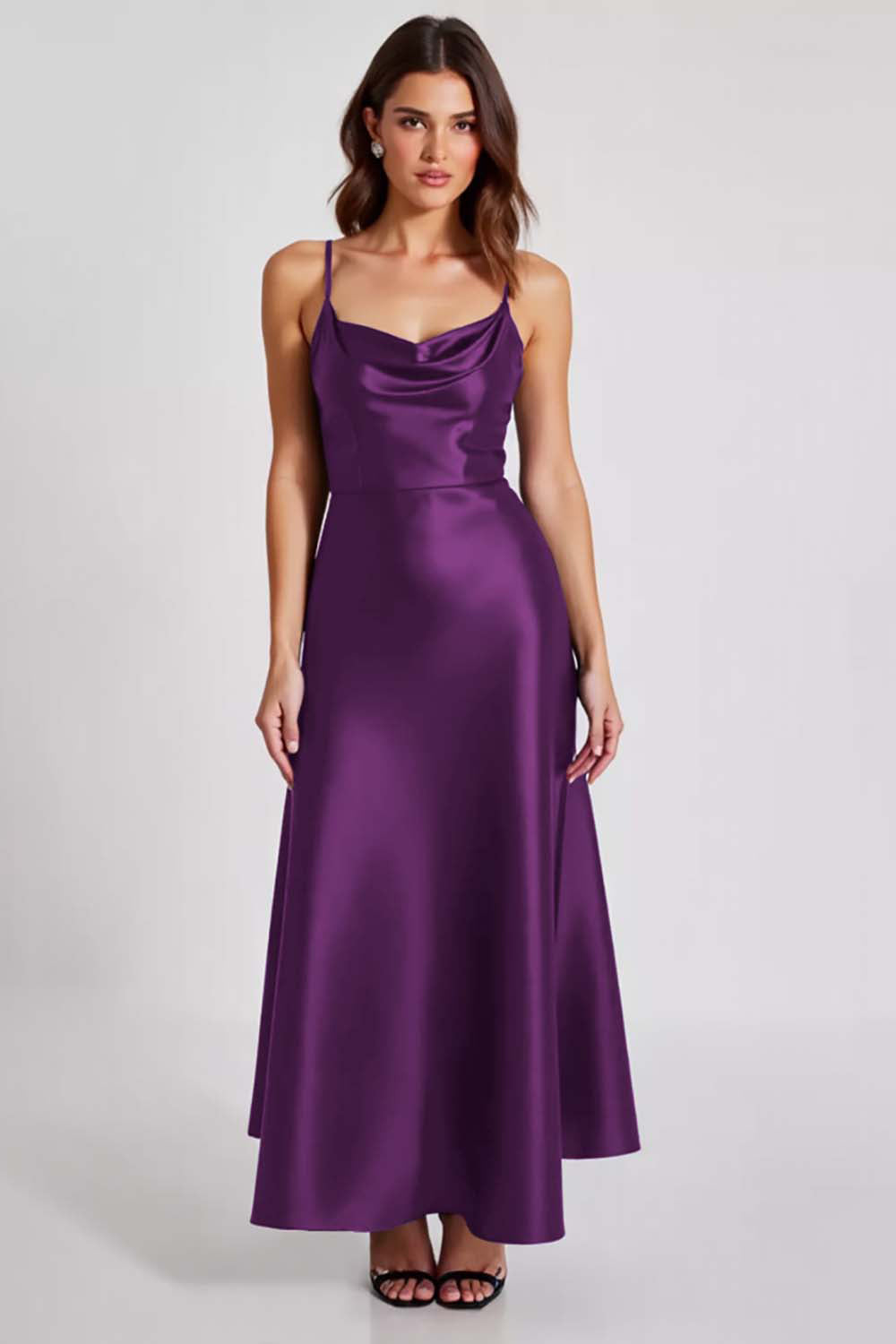 Marineblaues Satin Ballkleid mit Spaghettiträgern in A-Linie
