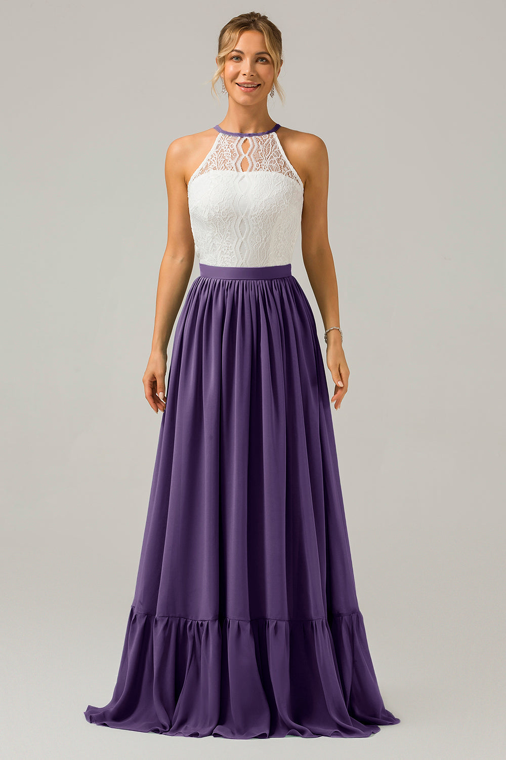 Cabernet Schlüsselloch Boho Chiffon Langes Brautjungfernkleid mit Spitze